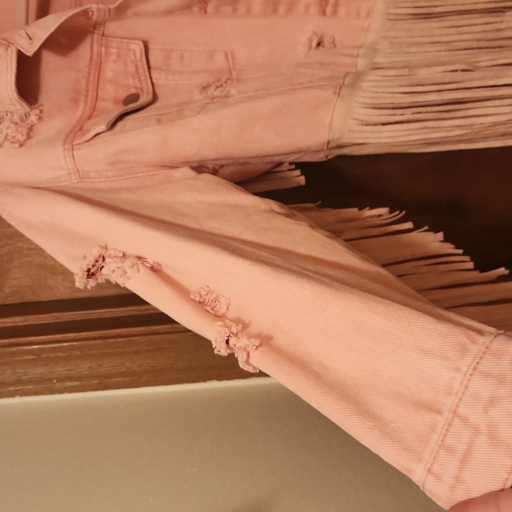 Fringed Pink Distressed Denim Jacket Size Medium New Without Tags - Picture 4 of 5